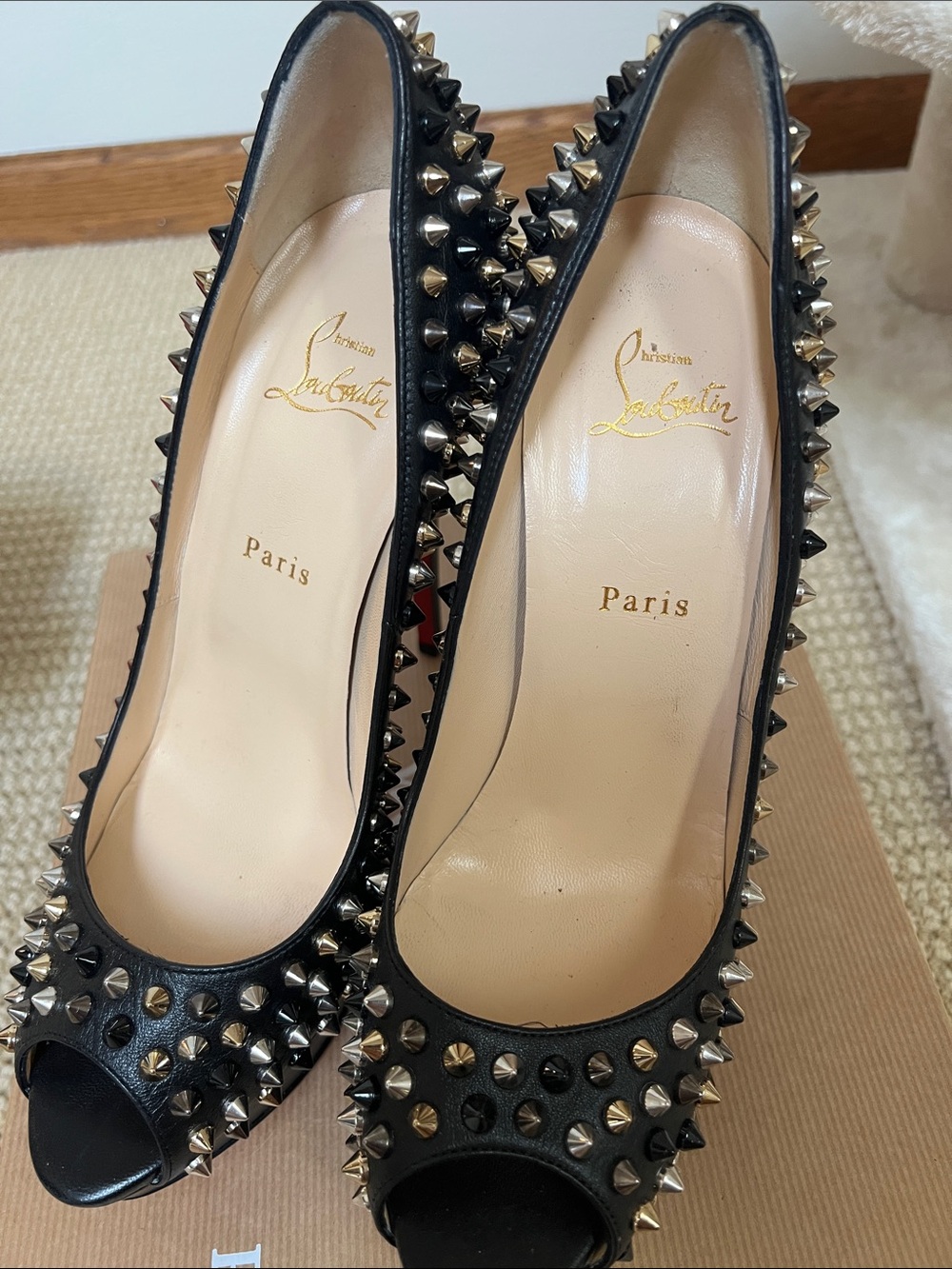 Christian Louboutin Black Studded Peep-Toe Platform Heels - Picture 6 of 6